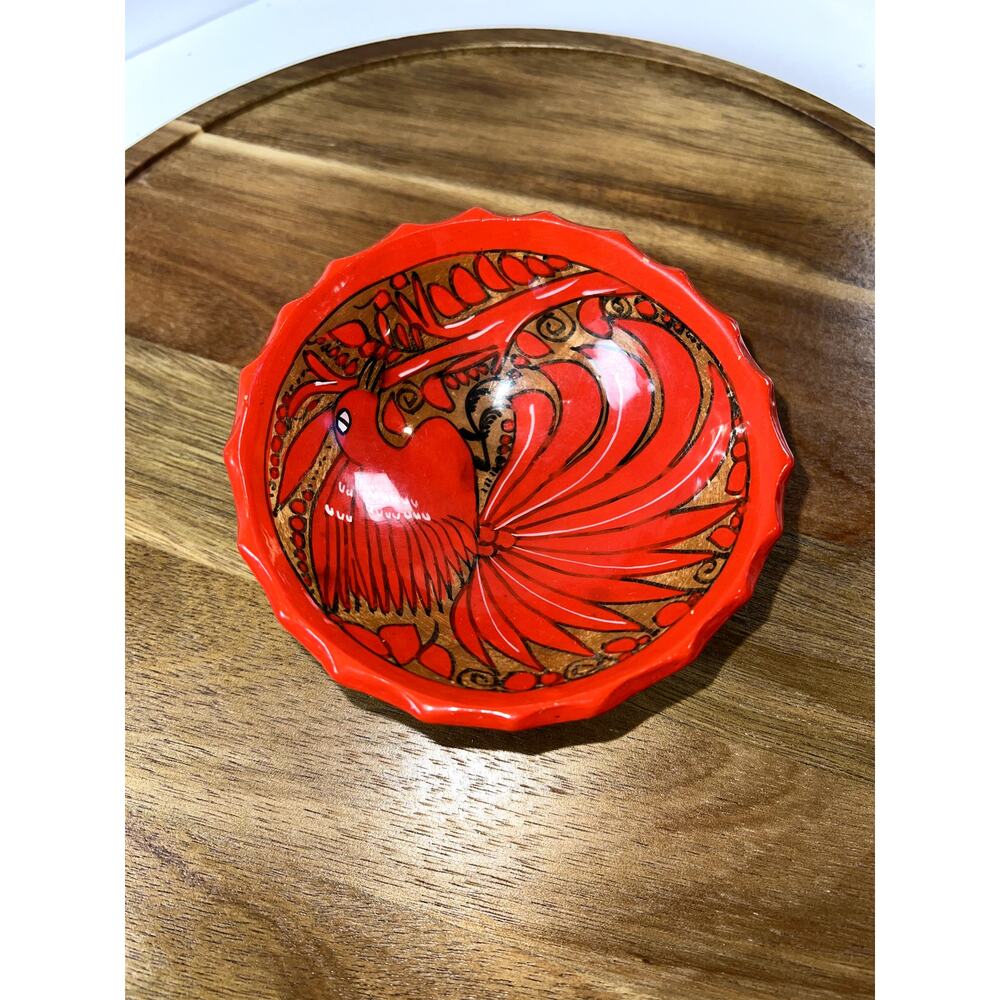 Mexican Decor Pottery Bird Bowl Hand Painted Bright Color Hangable 3 Footed Used